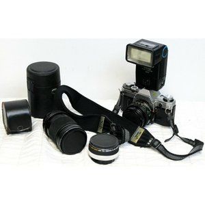 Vtg Canon AE-1 35mm Film Camera Flash Tele Converter 50mm 80mm Lens All Works